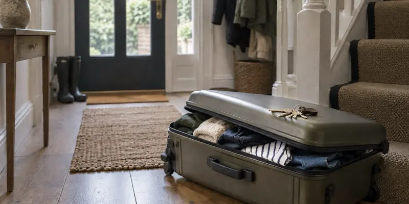 A half-unpacked suitcase on a hallway floor with a set of keys resting on the lid, the front door beyond
