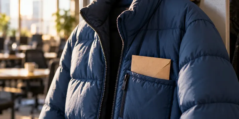 A worn canvas work jacket hanging on a peg in a workshop, with a plain brown envelope (no writing on it) tucked into its chest pocket.