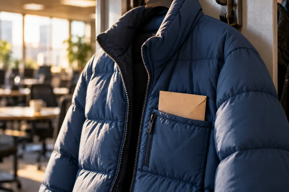 A worn canvas work jacket hanging on a peg in a workshop, with a plain brown envelope (no writing on it) tucked into its chest pocket.