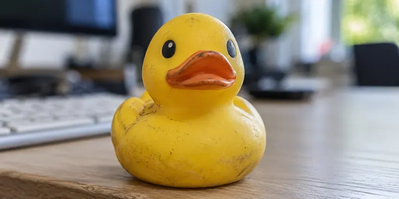 A worn yellow rubber duck close up on the edge of a desk, a keyboard and a bright room softly out of focus behind it