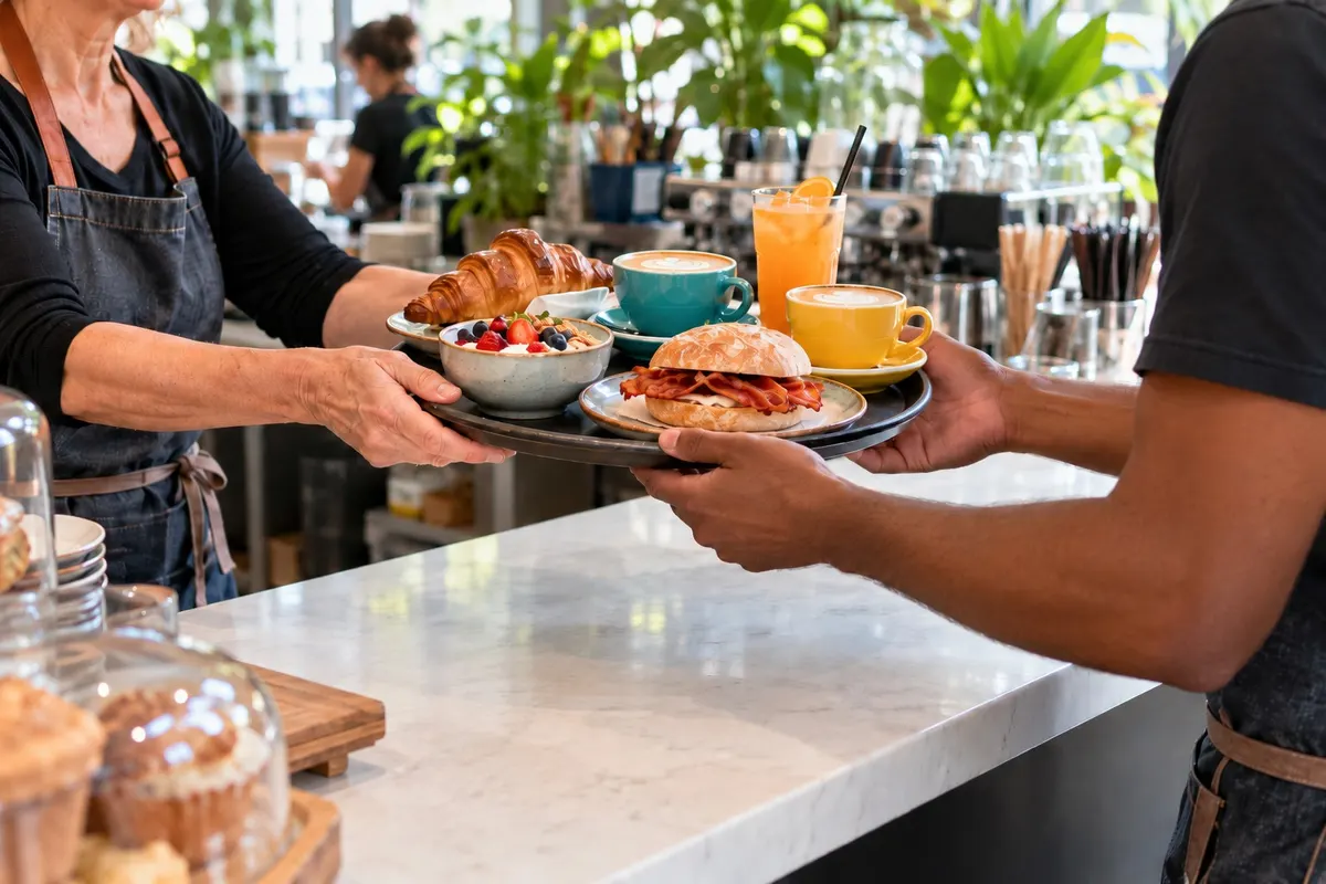 Two pairs of hands at a busy café counter at lunchtime.